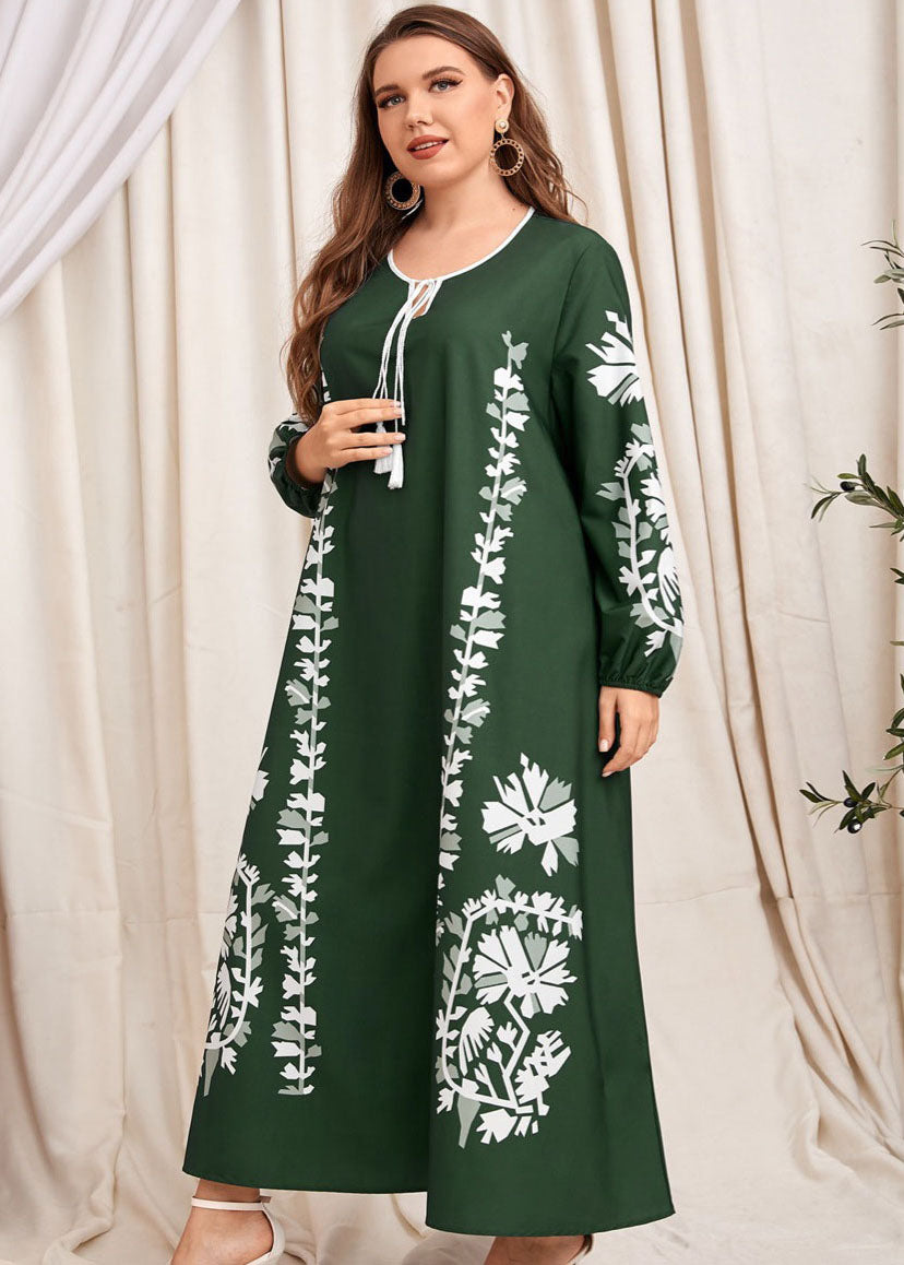 Natural Blackish Green Lace Up Print Patchwork Cotton Dress Fall