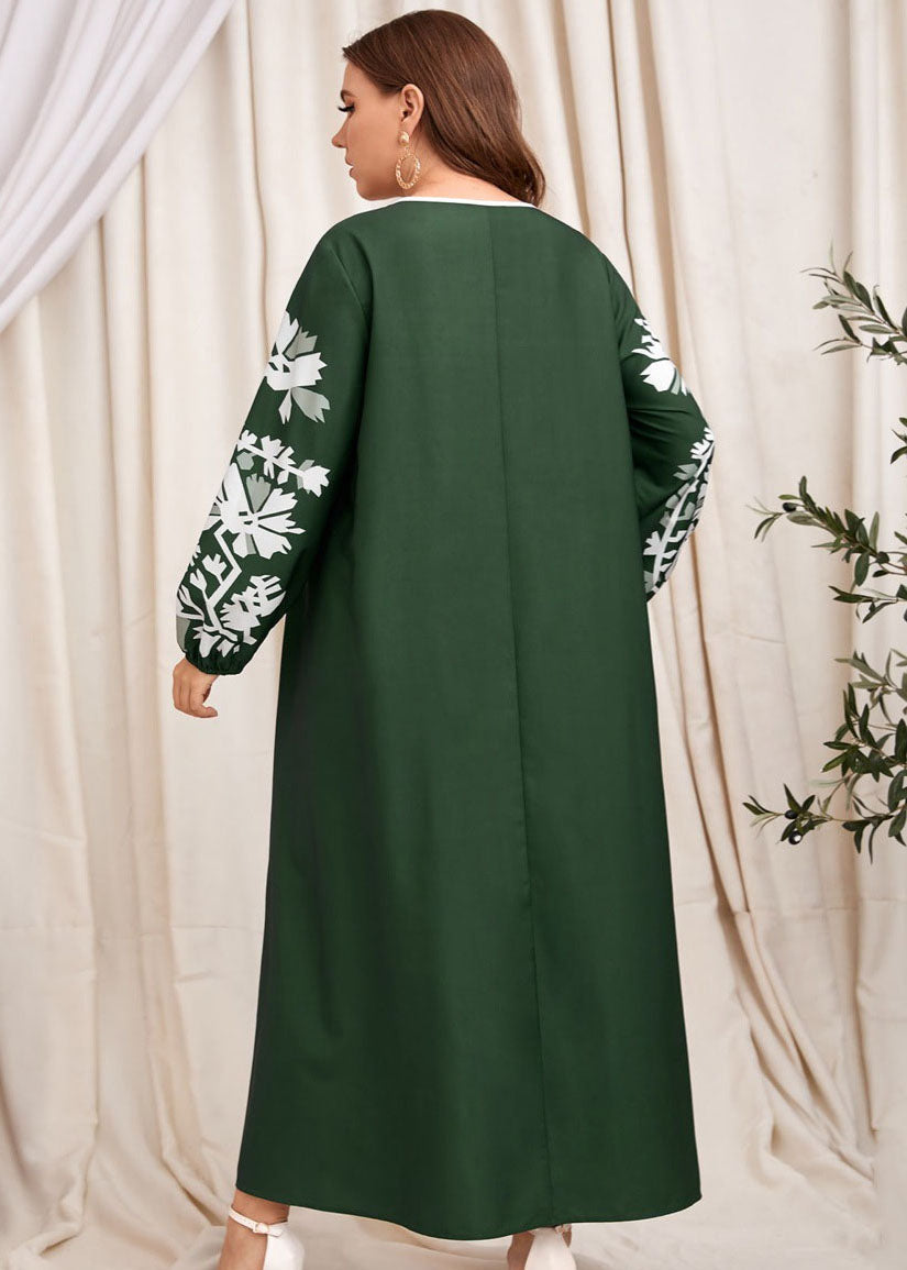 Natural Blackish Green Lace Up Print Patchwork Cotton Dress Fall