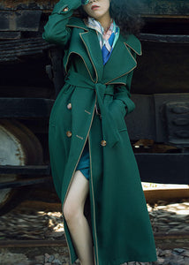 Natural Blackish Green Notched Patchwork Long Sashes Trench Coats Long Sleeve