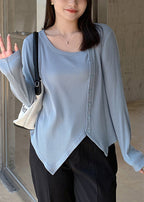 Natural Blue Asymmetrical Patchwork Cotton Blouse Tops Fall
