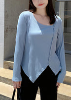 Natural Blue Asymmetrical Patchwork Cotton Blouse Tops Fall