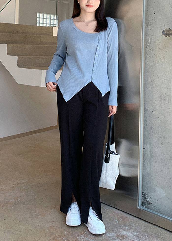 Natural Blue Asymmetrical Patchwork Cotton Blouse Tops Fall