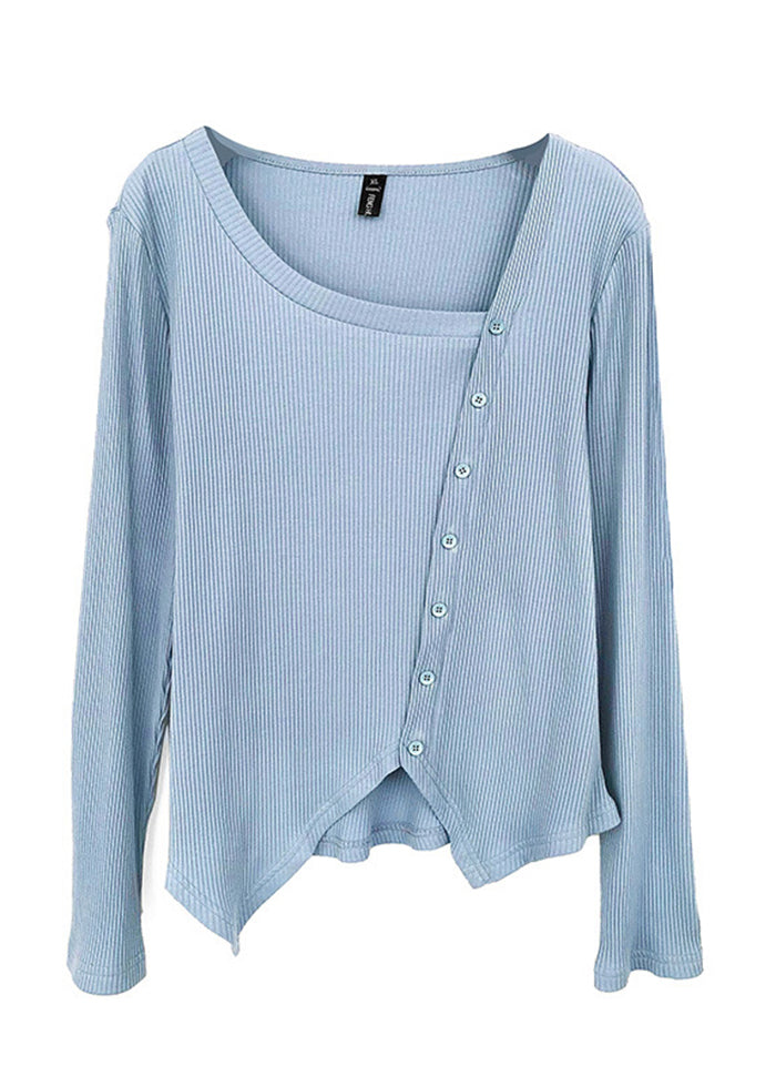 Natural Blue Asymmetrical Patchwork Cotton Blouse Tops Fall