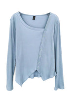 Natural Blue Asymmetrical Patchwork Cotton Blouse Tops Fall