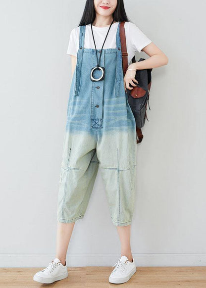 Natural Blue Casual Pockets Button Gradient Color Fall Rompers Cotton
