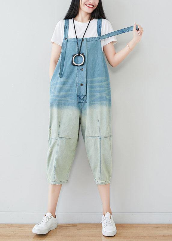 Natural Blue Casual Pockets Button Gradient Color Fall Rompers Cotton