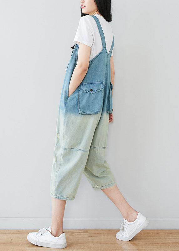 Natural Blue Casual Pockets Button Gradient Color Fall Rompers Cotton