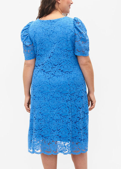 Natural Blue O-Neck Hollow Out Solid Lace Mid Dress Summer
