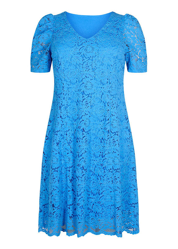 Natural Blue O-Neck Hollow Out Solid Lace Mid Dress Summer