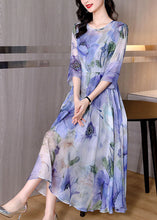 Load image into Gallery viewer, Natural Blue Print Exra Large Hem Silk Maxi Dresses Bracelet Sleeve