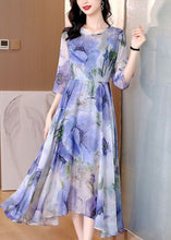 Load image into Gallery viewer, Natural Blue Print Exra Large Hem Silk Maxi Dresses Bracelet Sleeve