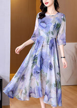 Load image into Gallery viewer, Natural Blue Print Exra Large Hem Silk Maxi Dresses Bracelet Sleeve