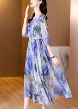 Load image into Gallery viewer, Natural Blue Print Exra Large Hem Silk Maxi Dresses Bracelet Sleeve