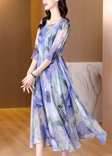 Load image into Gallery viewer, Natural Blue Print Exra Large Hem Silk Maxi Dresses Bracelet Sleeve