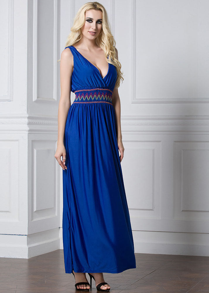 Natural Blue V Neck Bustier Top Wrinkled Elastic Waist Holiday Ice Size Long Dress Summer