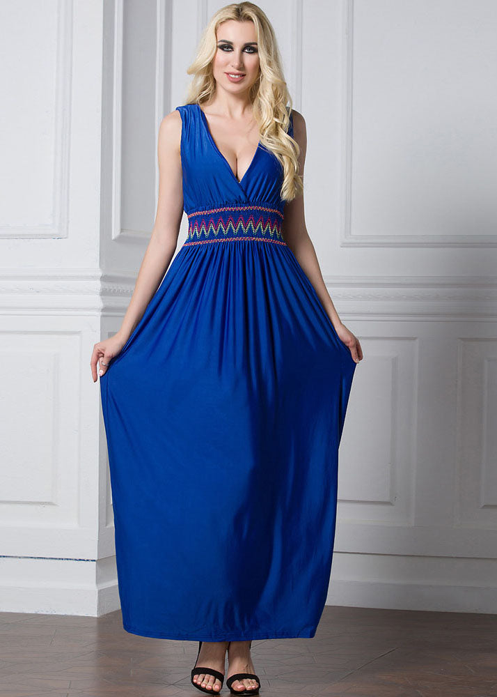 Natural Blue V Neck Bustier Top Wrinkled Elastic Waist Holiday Ice Size Long Dress Summer