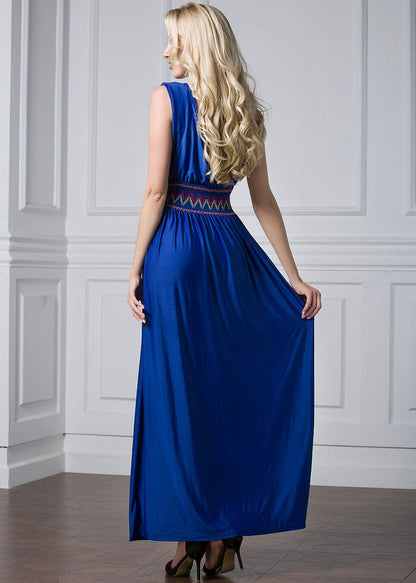 Natural Blue V Neck Bustier Top Wrinkled Elastic Waist Holiday Ice Size Long Dress Summer