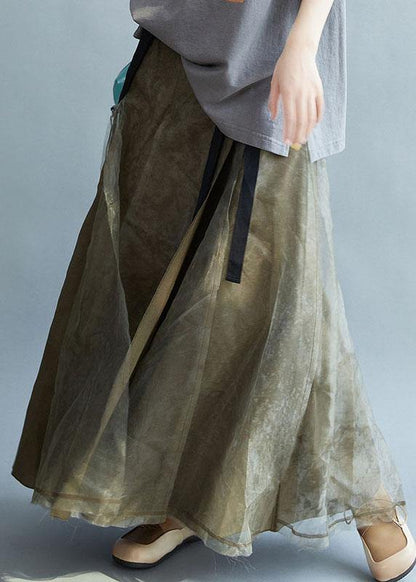 Natural Brown High Waist Retro Tie Patchwork Fall Skirts