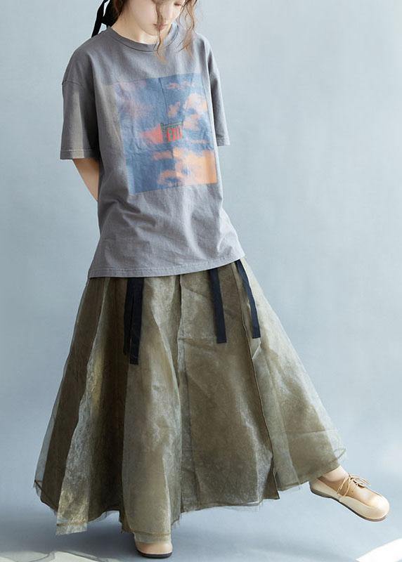 Natural Brown High Waist Retro Tie Patchwork Fall Skirts