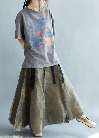 Natural Brown High Waist Retro Tie Patchwork Fall Skirts