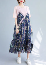 Load image into Gallery viewer, Natural Colorblock O Neck Print Patchwork Cotton T Shirt Dress Summer