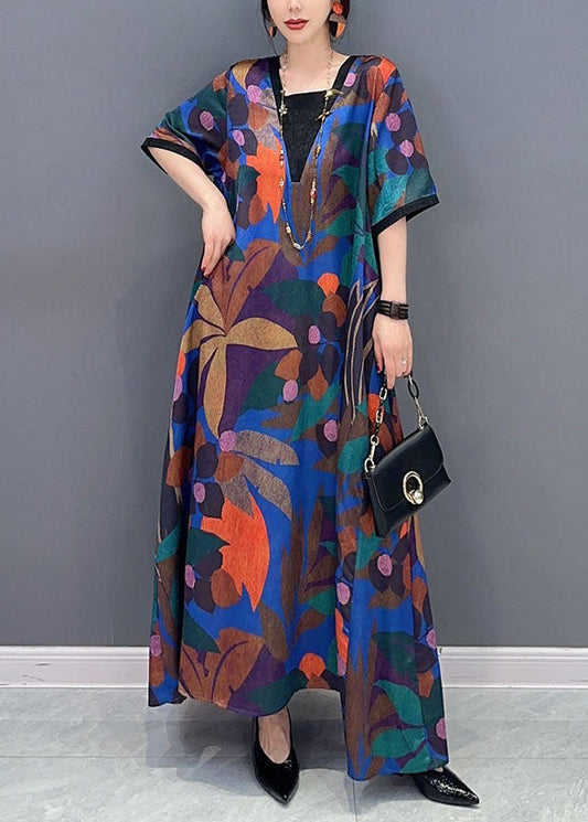 Natural Colorblock V Neck Print Patchwork Cotton Dress Short Sleeve