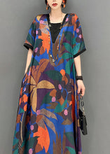 Load image into Gallery viewer, Natural Colorblock V Neck Print Patchwork Cotton Dress Short Sleeve