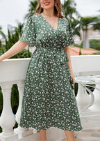 Natural Green Print Tie Waist Chiffon Long Dresses Summer