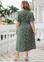 Natural Green Print Tie Waist Chiffon Long Dresses Summer