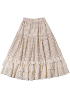 Natural Grey Green Plaid Patchwork Wrinkled Print Fall Skirt