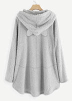 Natural Grey Hooded Print Pockets Patchwork Teddy Faux Fur Sweatshirts Fall