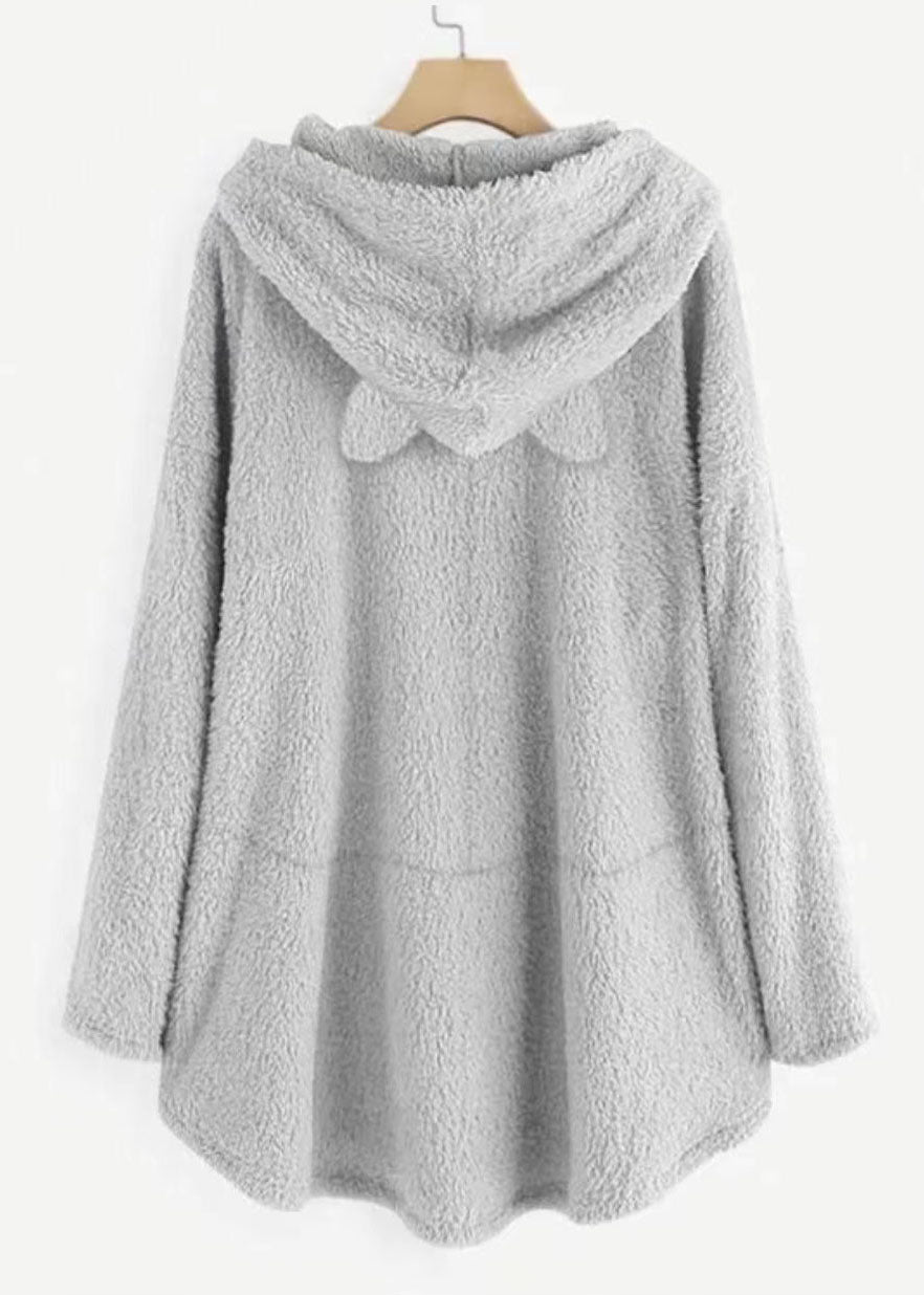 Natural Grey Hooded Print Pockets Patchwork Teddy Faux Fur Sweatshirts Fall