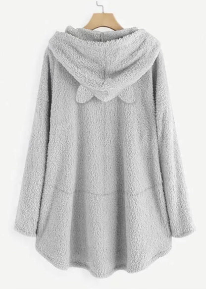 Natural Grey Hooded Print Pockets Patchwork Teddy Faux Fur Sweatshirts Fall