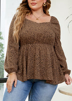 Natural Khaki Square Collar Print Wrinkled Chiffon Top Long Sleeve