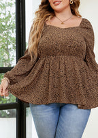 Natural Khaki Square Collar Print Wrinkled Chiffon Top Long Sleeve