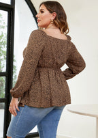 Natural Khaki Square Collar Print Wrinkled Chiffon Top Long Sleeve