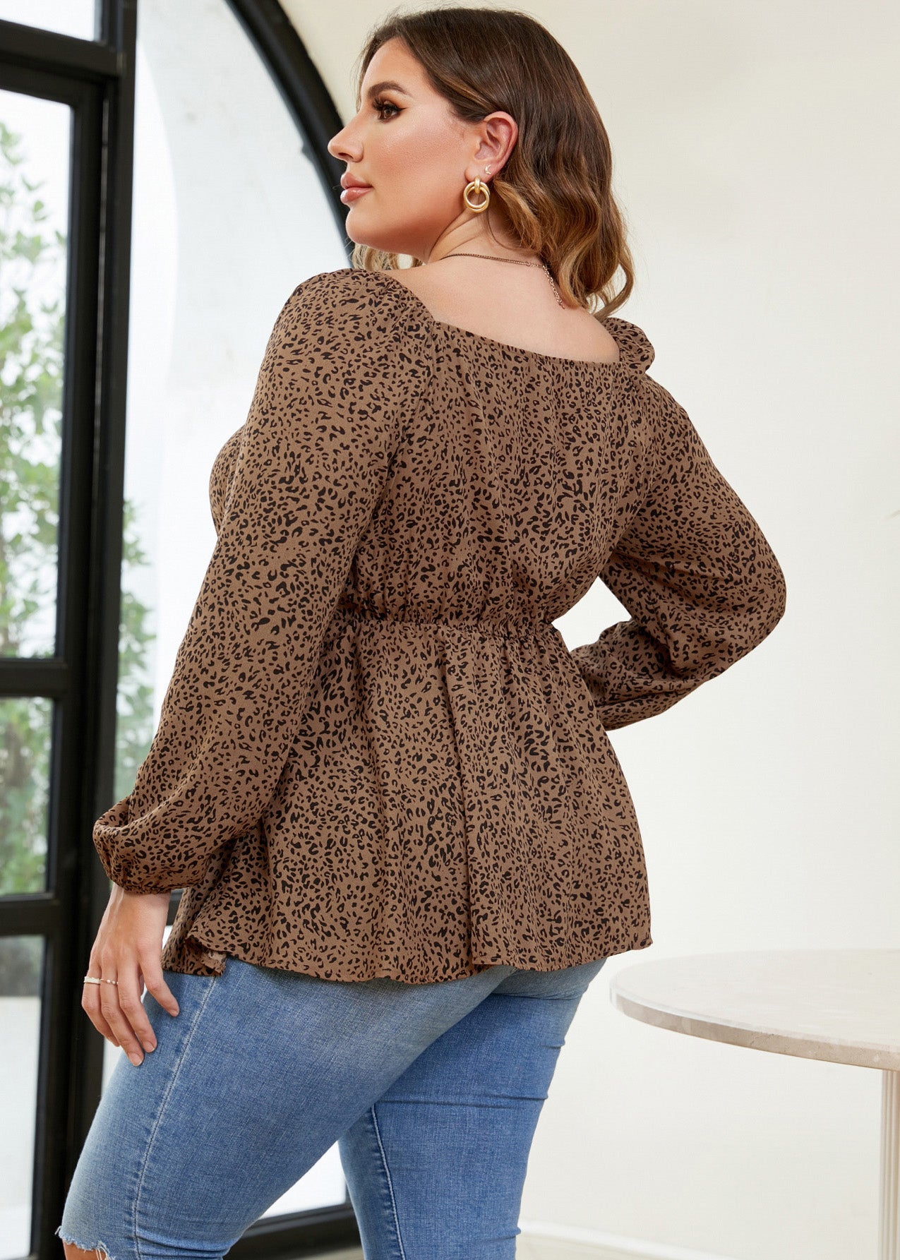 Natural Khaki Square Collar Print Wrinkled Chiffon Top Long Sleeve