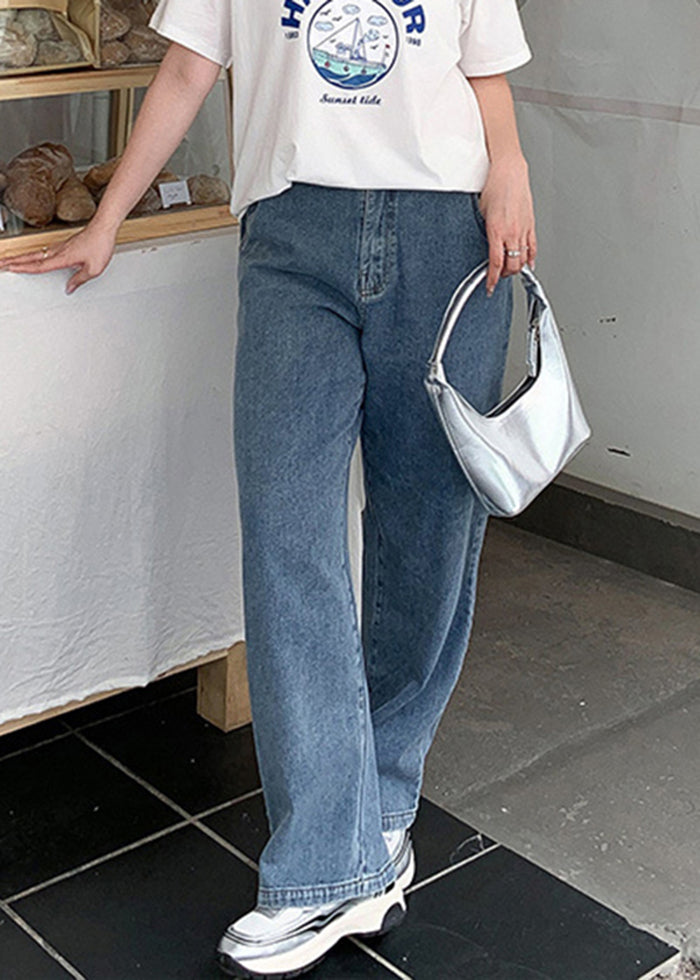 Natural Light Blue Oversized Pockets Denim Wide Leg Pants Fall
