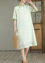 Load image into Gallery viewer, Natural Mint Green Peter Pan Collar Print Linen Dress Half Sleeve