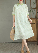 Load image into Gallery viewer, Natural Mint Green Peter Pan Collar Print Linen Dress Half Sleeve