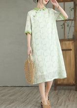 Load image into Gallery viewer, Natural Mint Green Peter Pan Collar Print Linen Dress Half Sleeve