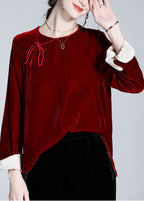 Natural Mulberry O-Neck Side Open Silk Velour Shirts Long Sleeve