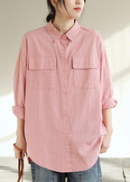 Natural Pink Crane Tops Lapel Pockets Vestidos De Lino Spring Shirts