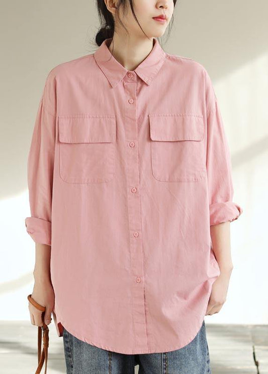 Natural Pink Crane Tops Lapel Pockets Vestidos De Lino Spring Shirts