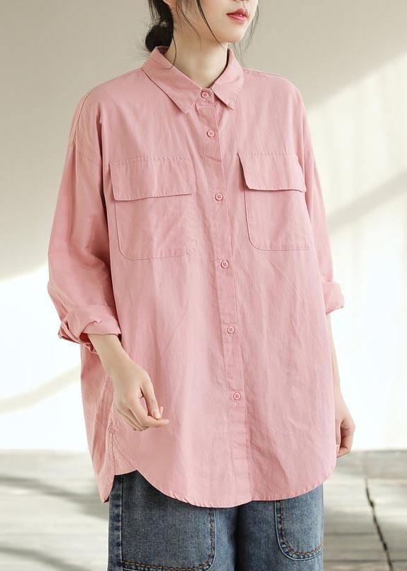 Natural Pink Crane Tops Lapel Pockets Vestidos De Lino Spring Shirts