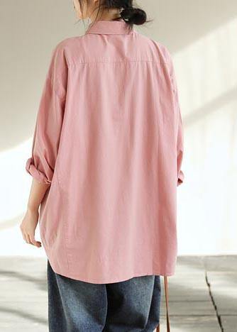 Natural Pink Crane Tops Lapel Pockets Vestidos De Lino Spring Shirts