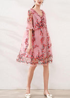Natural Pink Embroidery Lace Bow Summer Dress