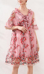 Natural Pink Embroidery Lace Bow Summer Dress