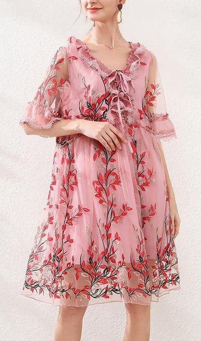Natural Pink Embroidery Lace Bow Summer Dress