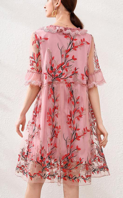 Natural Pink Embroidery Lace Bow Summer Dress